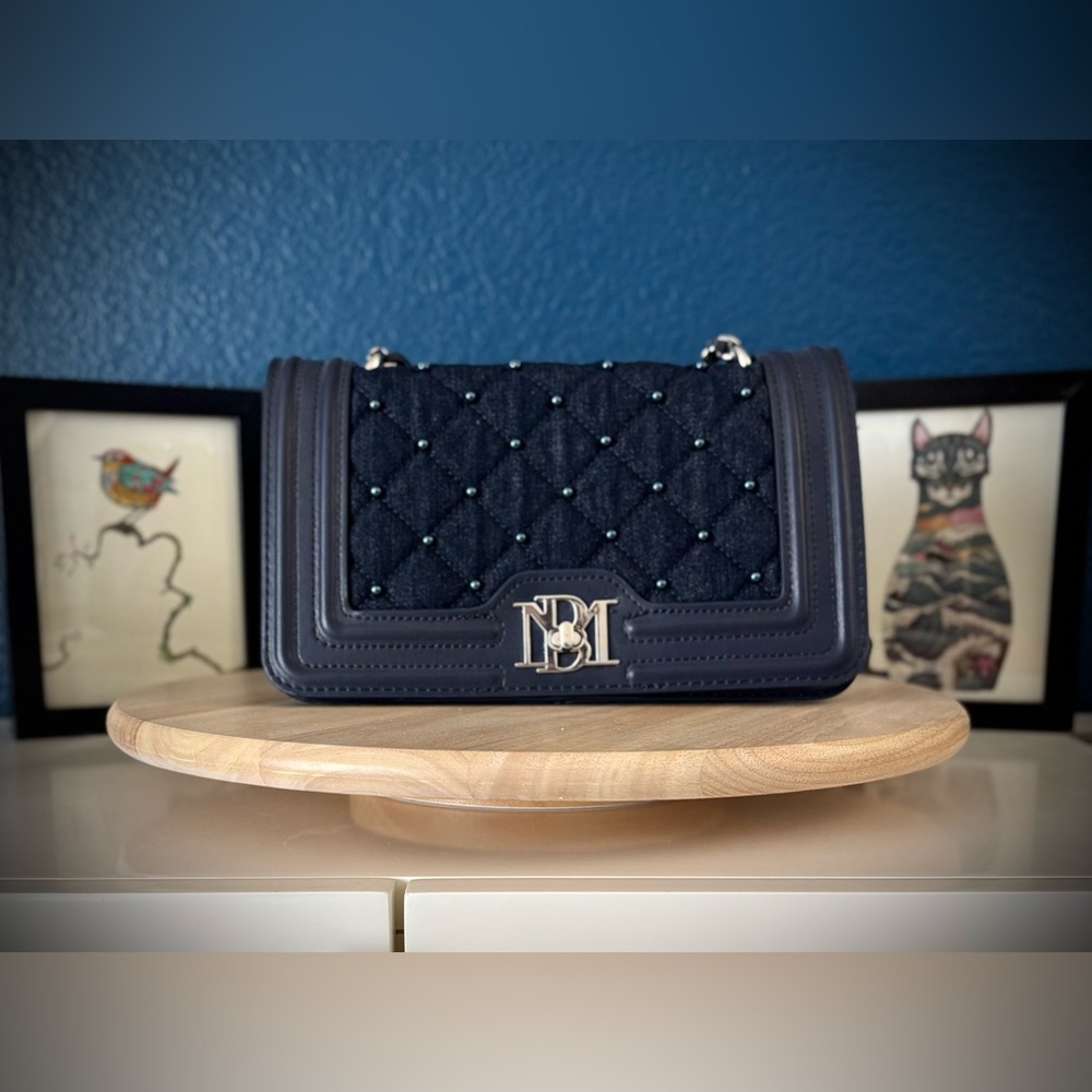 BADGLEY MISCHKA Denim Quilted/Pearl Turn-Lock Closure Crossbody